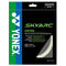 The packaging of the Yonex Skyarc 0.69mm Badminton String in white displays a green and black design, with text emphasizing features such as quick repulsion and shock absorption. The string has a gauge of 0.69mm and comes in a 10m pack, made in Japan by Yonex.