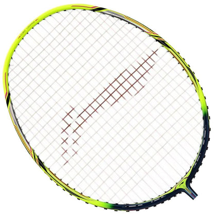 The Li-Ning Aeronaut 9000 Drive Badminton Racket is showcased in a close-up view, highlighting its aerodynamic frame with a striking yellow and black design. Its tightly woven strings and slightly curved head enhance precision and control, giving it a sleek, modern appearance against a white background.