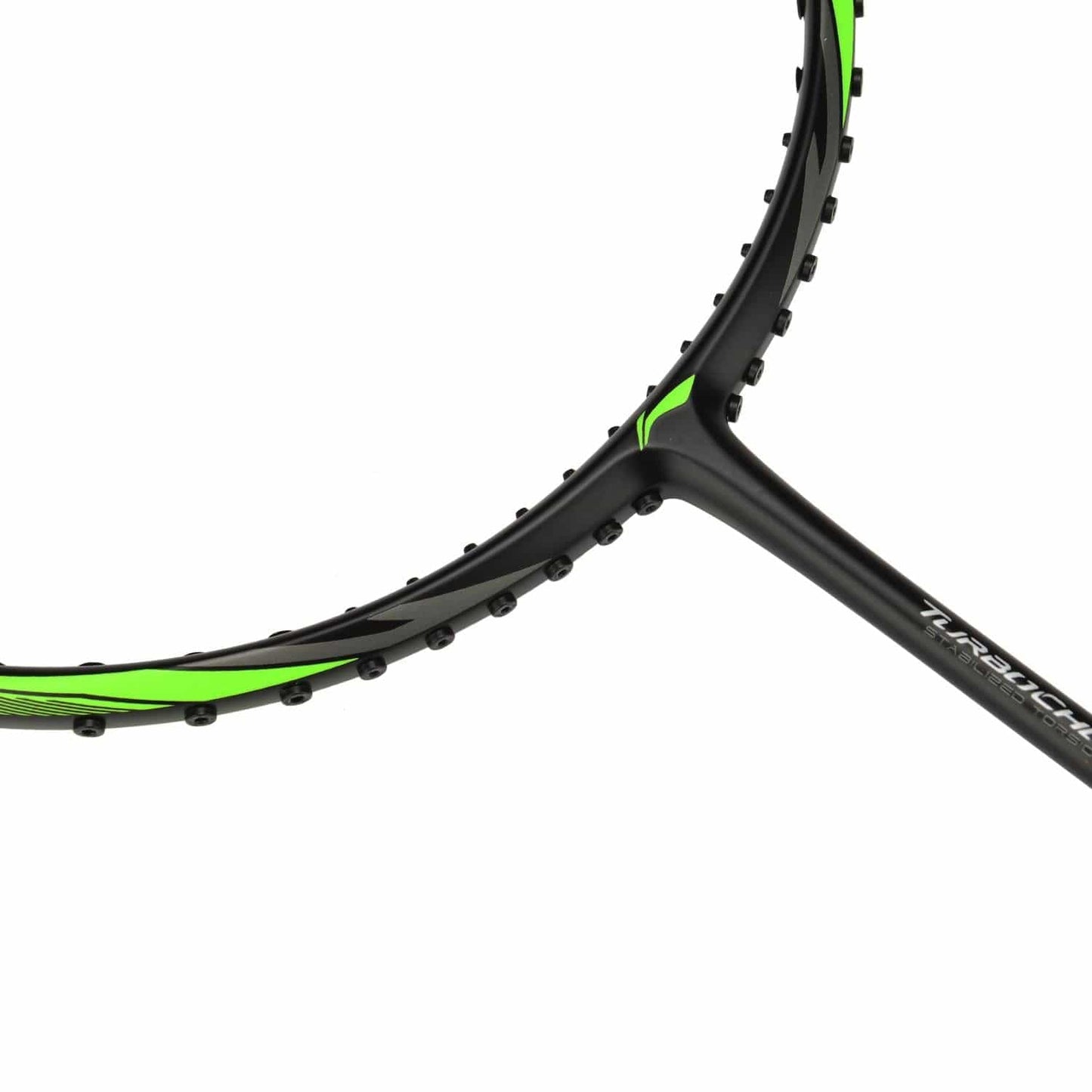 Close-up view of a black Li-Ning Turbo Charging 20 Drive Badminton Racket with green accents, featuring the Aero Tec-Beam System. The frame is partially visible, highlighting the strings and Li-Ning logo on the side. The white background enhances the racket's details.