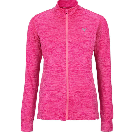 Introducing the Victor Badminton Longsleeve Pink Mélange 5929 Top by Victor: a vibrant pink zip-up athletic jacket with long sleeves, made from lightweight fabric. It boasts a heathered texture and a small logo on the upper left chest. The jacket features a high collar and is presented against a white background.