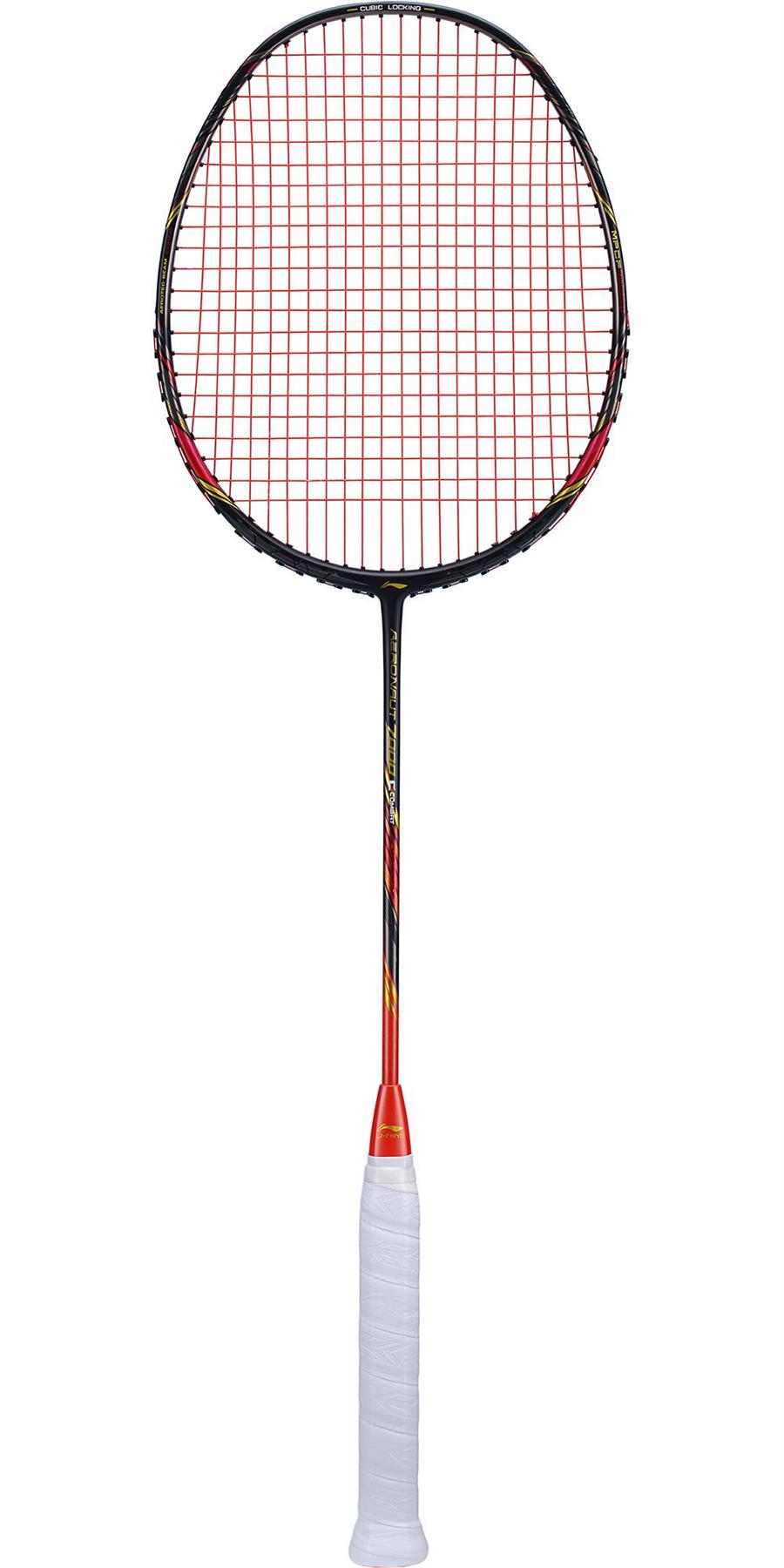 The Li-Ning Aeronaut 7000 Combat Badminton Racket, offered in a captivating black and red color scheme, showcases a dynamic-optimum frame. Its design is further enhanced by red strings and white grip tape wrapped around the handle, providing both style and excellent performance on the court.