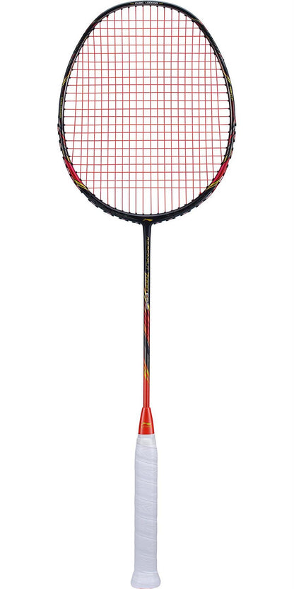 The Li-Ning Aeronaut 7000 Combat Badminton Racket, offered in a captivating black and red color scheme, showcases a dynamic-optimum frame. Its design is further enhanced by red strings and white grip tape wrapped around the handle, providing both style and excellent performance on the court.