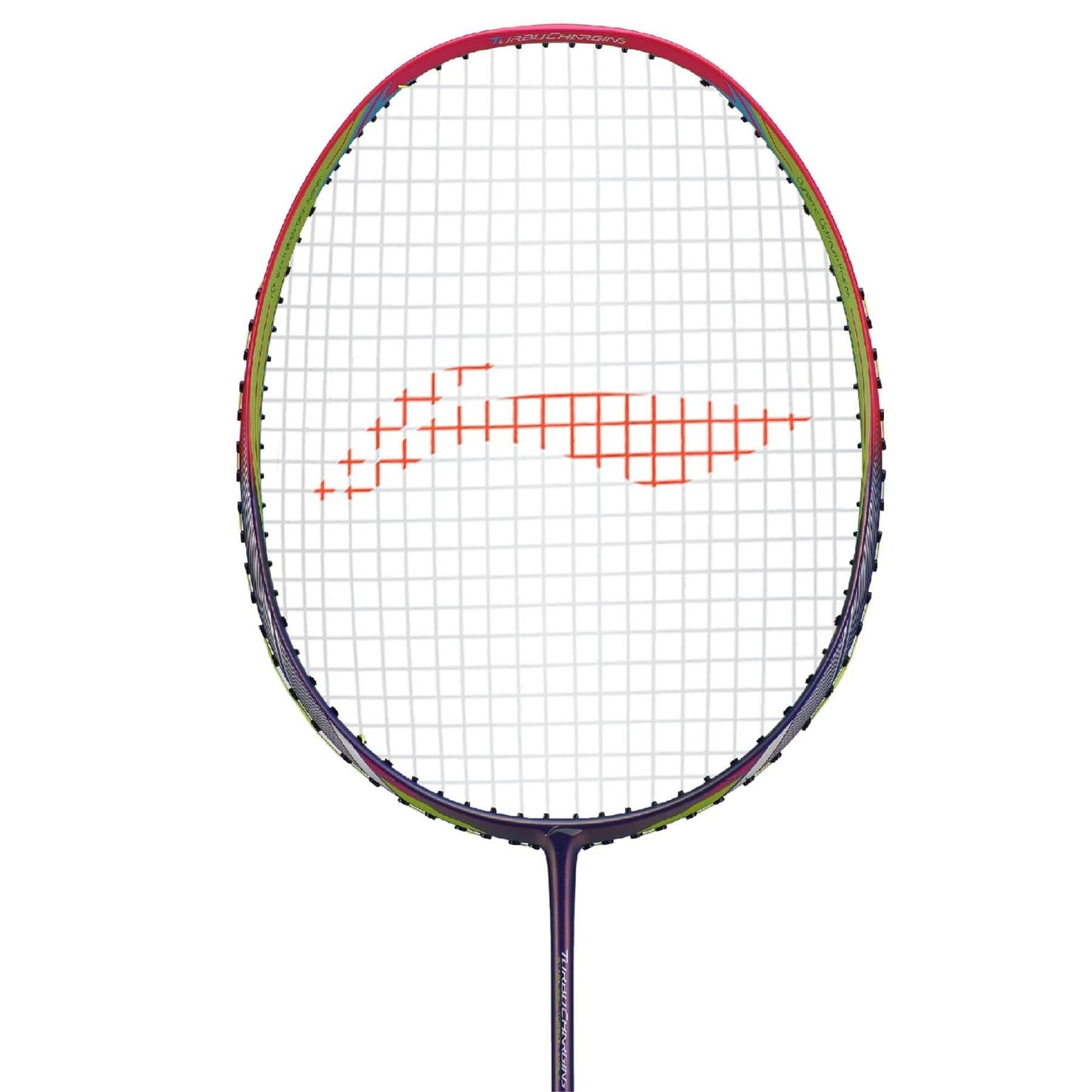 The Li-Ning Turbo Charging 70 Boost 3U badminton racket, featuring a red logo on its string bed, showcases an aerodynamic frame infused with vibrant shades of red, green, and blue.