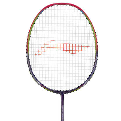 The Li-Ning Turbo Charging 70 Boost 3U badminton racket, featuring a red logo on its string bed, showcases an aerodynamic frame infused with vibrant shades of red, green, and blue.