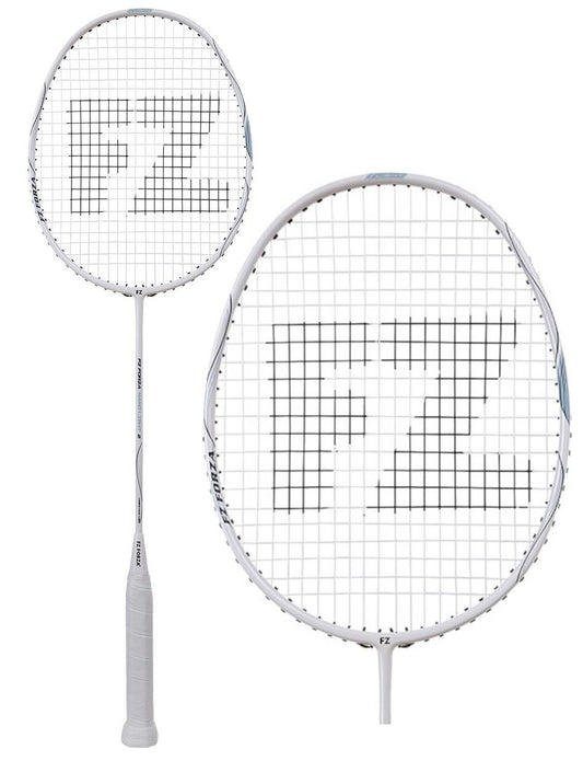 A FZ Forza Nano Light 2 Badminton Racket in white is presented with a close-up of its stringed surface, shaped into the letters "FZ." Tailored for advanced-level players, it includes a white grip and a slim, sleek frame.