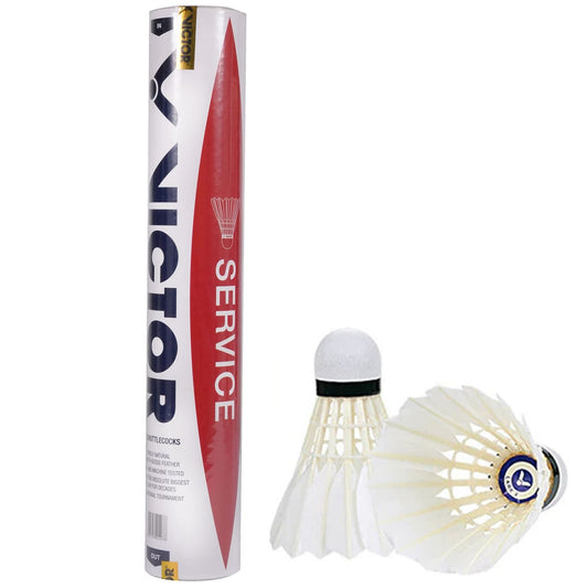 An upright red and white tube labeled "VICTOR Service Badminton Feather Shuttles / Shuttlecocks - Set of 12" from the Victor brand accompanies two side-lying white shuttlecocks. Recognized as bestselling items, these shuttles boast a classic design with a white base and feathers, making them ideal for any match.