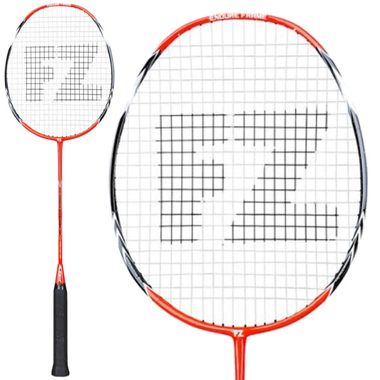 Introducing the FZ Forza Dynamic 10 Badminton Racket in red, showcasing "FZ" printed in black across the strings. This racket features a sleek design with a durable graphite shaft and a black handle, ensuring optimal performance on the court.