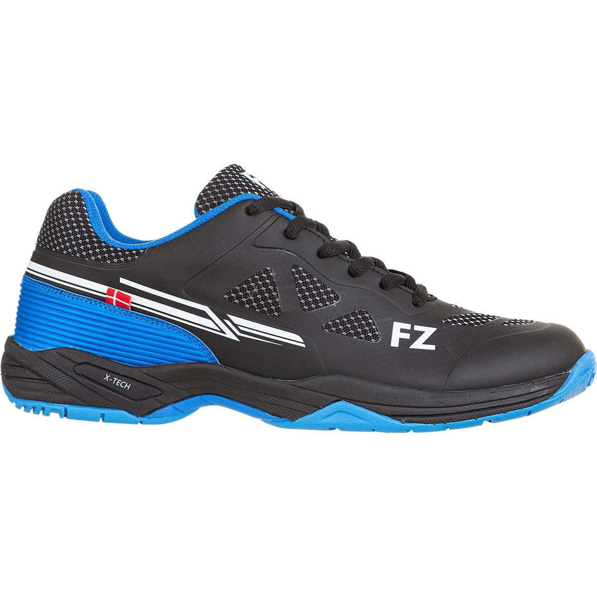 The FZ Forza Brace Men's Badminton Shoes in black and blue showcase a stylish white stripe design and feature "FZ" lettering on the side. These shoes provide superior lateral support, featuring a breathable mesh upper and a rubber sole with excellent shock absorption and a textured grip pattern for enhanced performance.