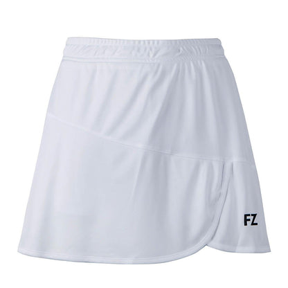 The FZ Forza Liddi 2 in 1 Women's Badminton Skirt in white features a layered design and an elastic waistband, crafted with anti-piling fabric for long-lasting wear. The brand's "FZ" initials are printed in black on the lower right side, adding a distinctive touch to this simple and sporty piece, making it perfect for badminton enthusiasts.