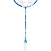 The Babolat Satelite Origin Essential Badminton Racket - Blue, crafted by Babolat for club-level doubles players, is elegantly showcased against a pristine white background. Its eye-catching blue frame and comfortable white grip make it a perfect choice for those seeking both precision and power.