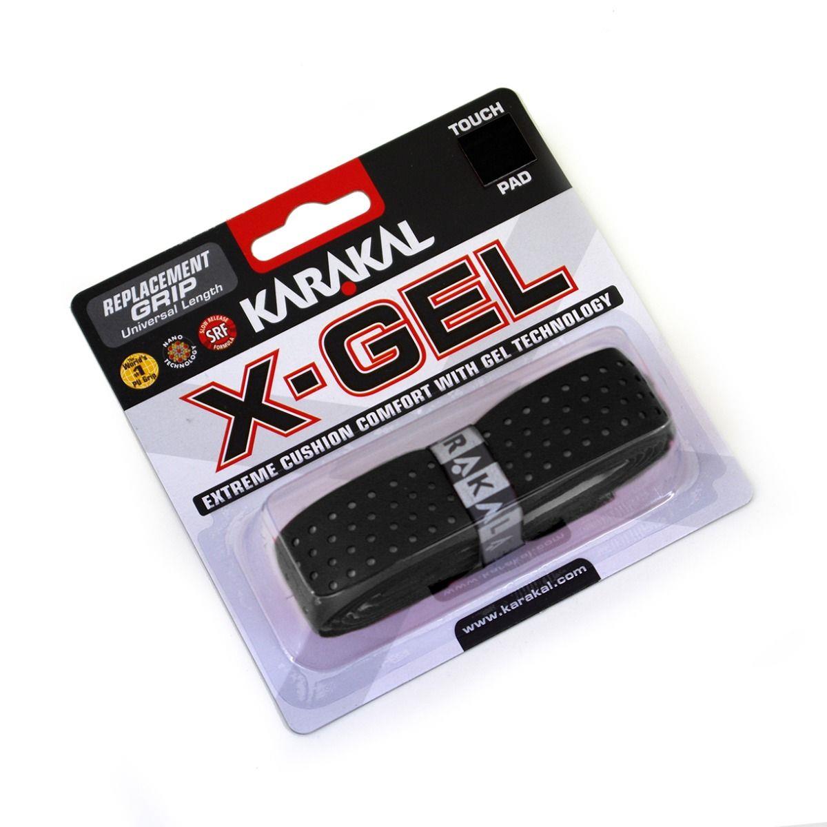 The packaging for the Karakal X-GEL Replacement Badminton Grip - Black highlights its sleek black design featuring gel technology for outstanding cushioned comfort. It prominently displays the grip's universal length alongside the iconic Karakal logo.