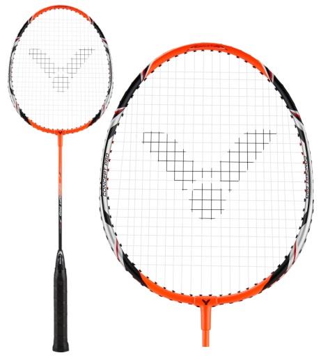 Introducing the Victor Concept Pro Badminton Racket by Victor: featuring a robust orange frame paired with a black grip, elegantly showcased from both the side and front views. The strings create an intricate pattern that resembles a stylized letter V on the racket head, making it ideal for delivering both power and precision.