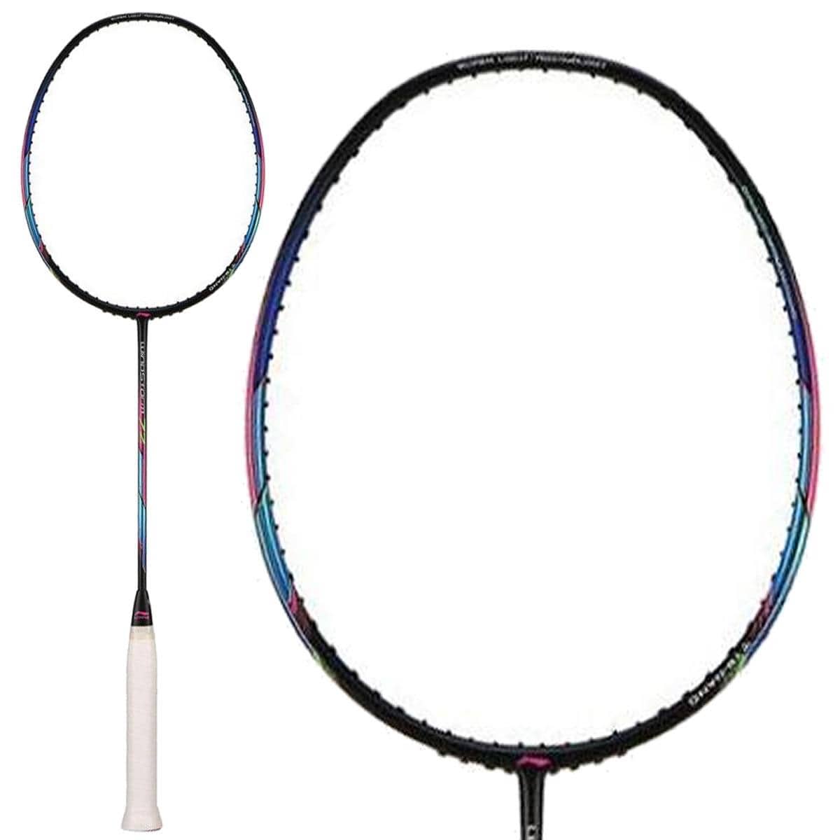 A Li-Ning Windstorm 72 6U badminton racket in black, featuring a white grip and vibrant accents on the frame, is showcased against a white background. Its ultra-lightweight design is emphasized both in the full view and close-up of the head, highlighting its agility and precision for every swing.