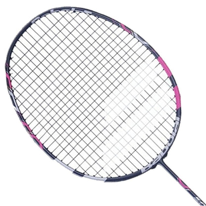 The Babolat Satelite Touch Badminton Racket - Pink, designed by Babolat, features a dark frame highlighted with pink accents on the head and showcases advanced METRICFLEX technology. Ideal for offensive players, its ultra-light design includes strings that form a grid pattern and a handle that extends downward against a plain white background.