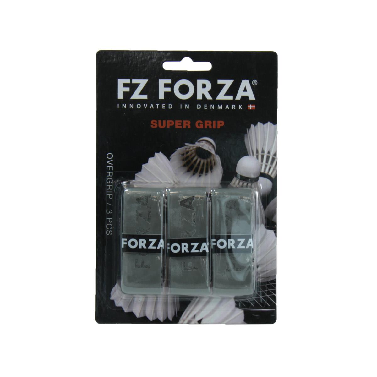 The FZ Forza Super Grip Badminton Grip - 3 Pack in Grey offers an exceptional racket feel with its thoughtfully crafted overgrip. The packaging features a design centered around shuttlecocks and prominently displays "Innovated in Denmark" at the top, making it an ideal choice for any badminton court enthusiast.