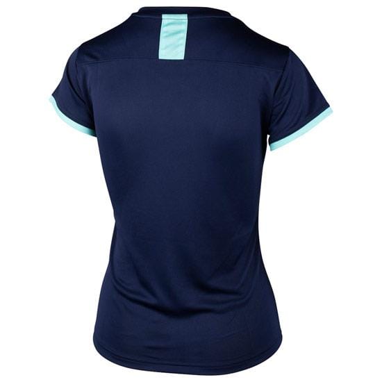 Discover the comfort of the Yonex YTL4 Women's Badminton T-Shirt in navy blue. This athletic shirt is designed with light blue trim on the sleeves and a vertical stripe at the back of the neck, combining breathable fabric with a lightweight design to enhance your performance on the court.