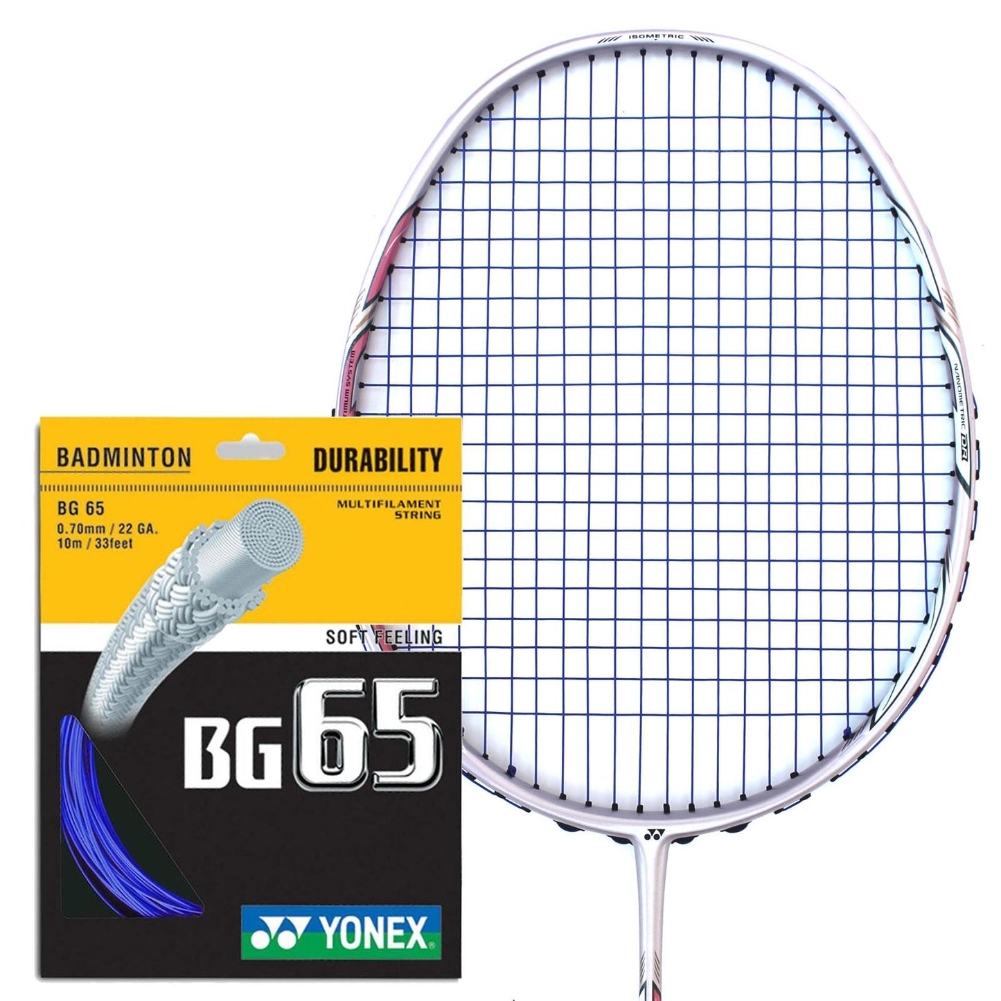 A Yonex badminton racquet with a white frame and blue strings is placed next to a Yonex BG 65 Badminton String Royal Blue - 0.7mm 10m Packet. The package, adorned with a graphic of coiled string, emphasizes its long durability from the multifilament core, measuring 0.70mm and made of high-quality nylon.