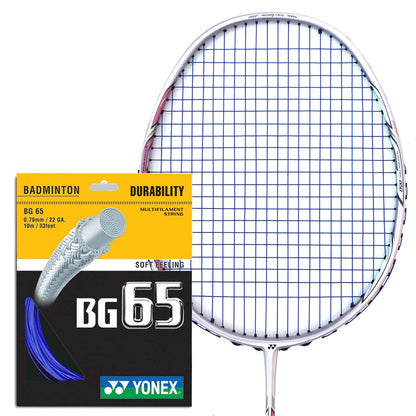 A Yonex badminton racquet with a white frame and blue strings is placed next to a Yonex BG 65 Badminton String Royal Blue - 0.7mm 10m Packet. The package, adorned with a graphic of coiled string, emphasizes its long durability from the multifilament core, measuring 0.70mm and made of high-quality nylon.