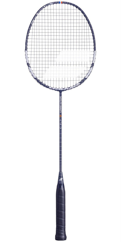 An image of the Babolat Satelite Gravity 74 LTD badminton racket in black and silver, characterized by its ultra lightweight design. It has a dark handle and a rounded, stringed head tailored for defensive players, set against a plain white background.