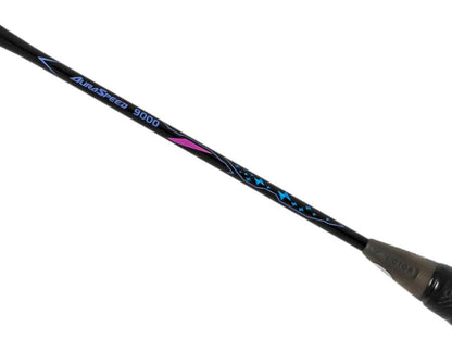 Close-up of the handle on the Victor Auraspeed 9000 C Badminton Racket (Frame Only) - Black, showcasing blue and pink geometric designs ideal for intermediate club players. Equipped with Free Core Technology, it features a dark grip at the end.