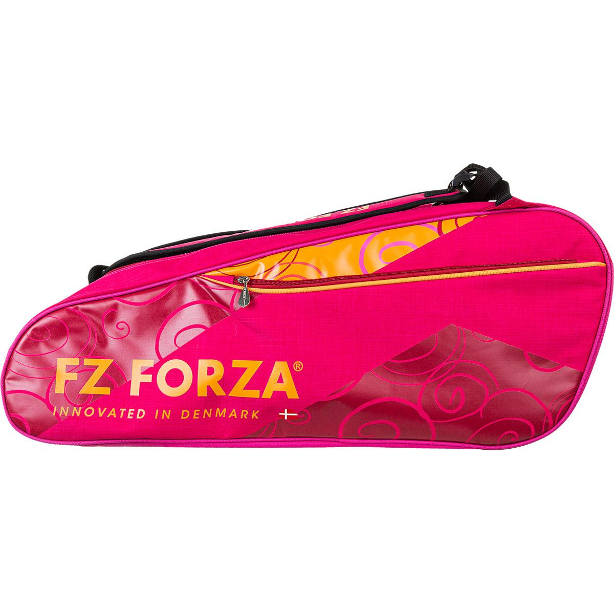 The FZ Forza Mia Blichfeldt Collab 6 Piece Badminton Racket Bag in Persian Red showcases yellow swirl designs with "Innovated in Denmark" prominently displayed. Equipped with a zippered compartment and a convenient shoulder strap, this bag from FZ Forza offers both style and functionality for any badminton player.