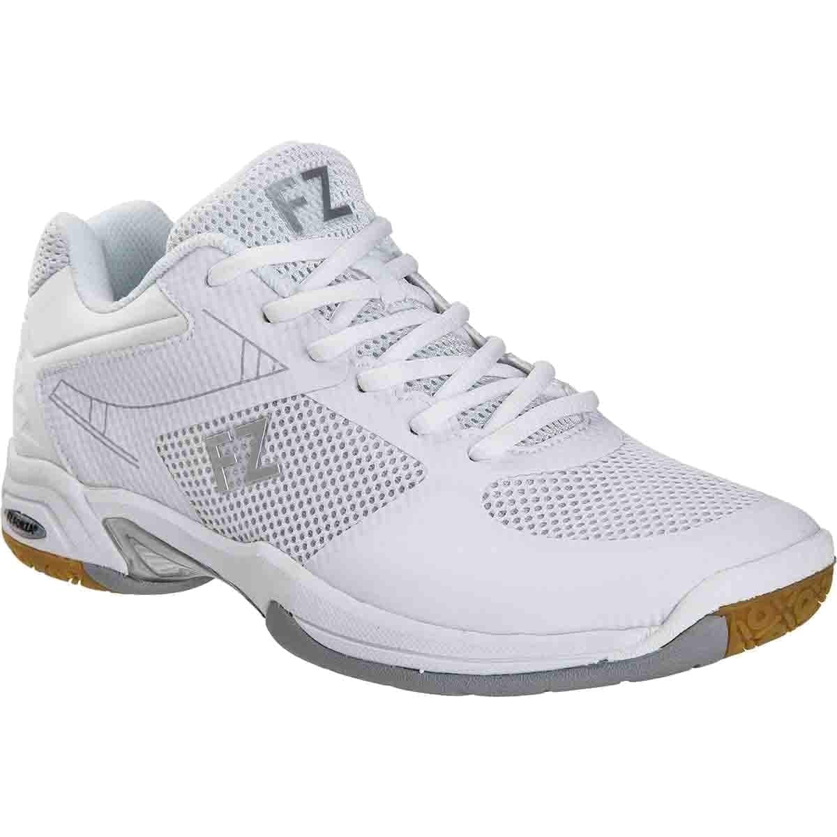 The FZ Forza Fierce V2 White Badminton Shoes by FZ Forza are athletic footwear featuring a breathable mesh design and Dura-Coat rubber accents on the sole for improved traction. They come with a lace-up closure and showcase gray and orange detailing, including an eye-catching logo on the side.