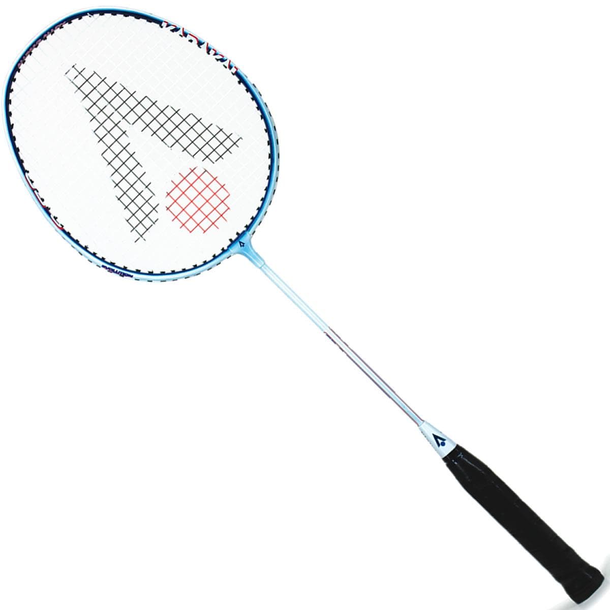 The Karakal CB-3 Badminton Racket - White Blue from Karakal features an isometric head shape with a white stringed head decorated with a red dot and black lines. It includes a black grip, and its frame melds blue and white shades to elevate both style and performance on the court.