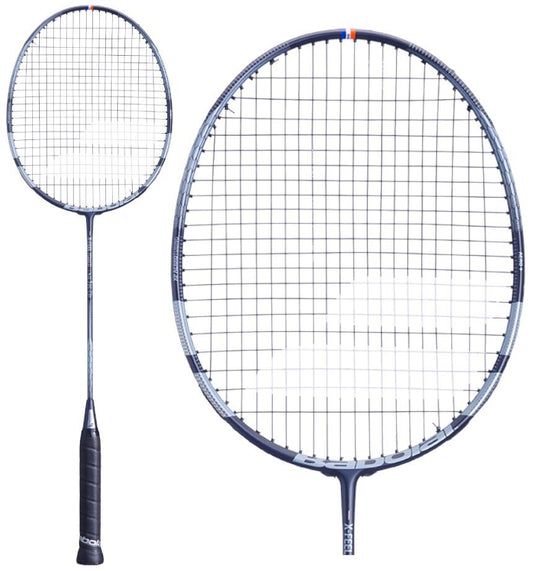 This Babolat X-Feel Power Blue Black / Grey badminton racket showcases a blue handle and grey frame. Engineered for control and precision, you can see the strings in two perspectives: the full racket and a close-up of the head, making it perfect for competitive play.