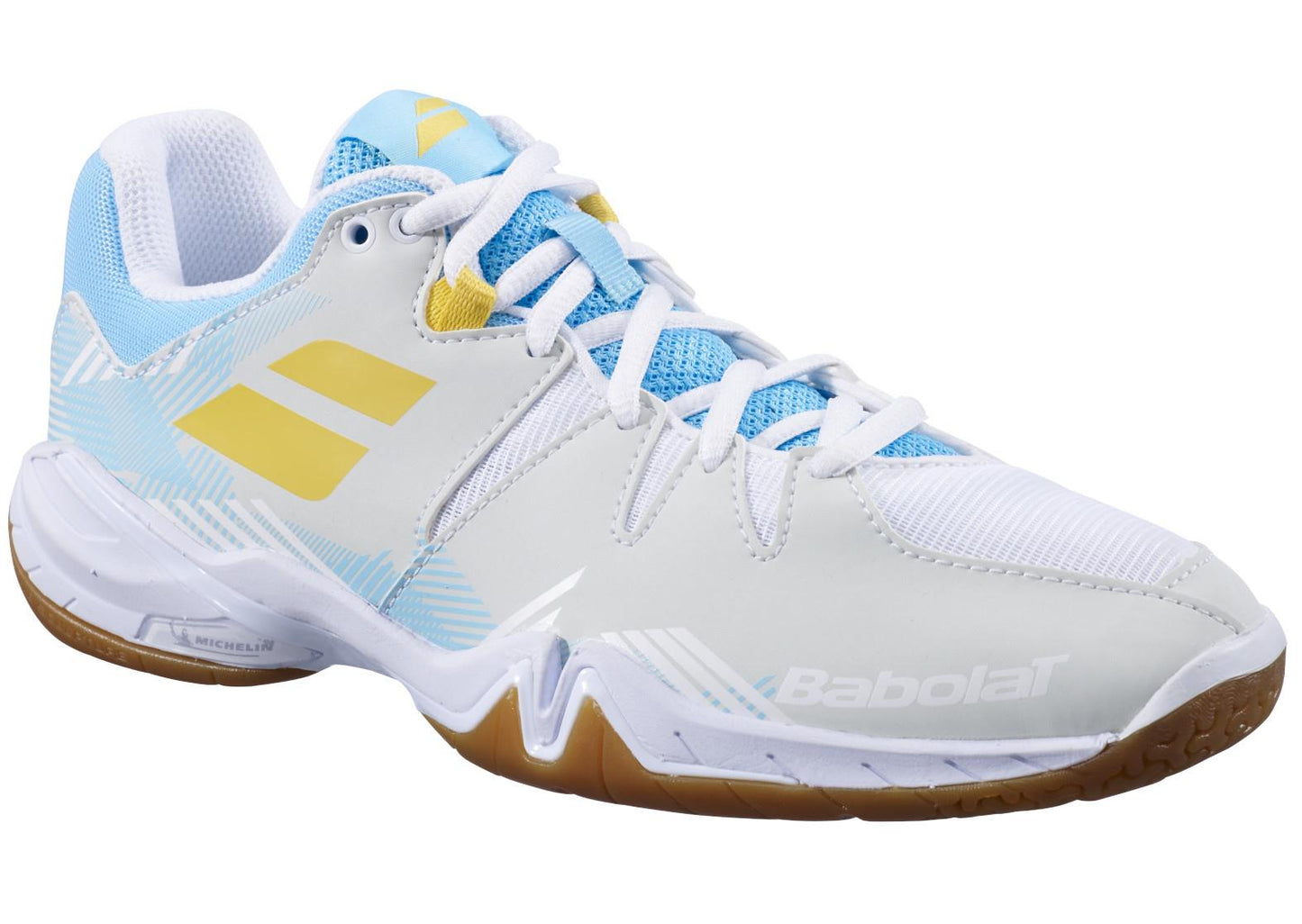 The Babolat Shadow Spirit 2023 Women's Badminton Shoes in White and Light Blue are based on the Supportive Shadow Spirit design, showcasing a white and light blue color scheme with yellow highlights. This model features white laces and a textured gum sole, offering comfort with an OrthoLite® Die Cut insole. Brand logos are displayed on the side and tongue.