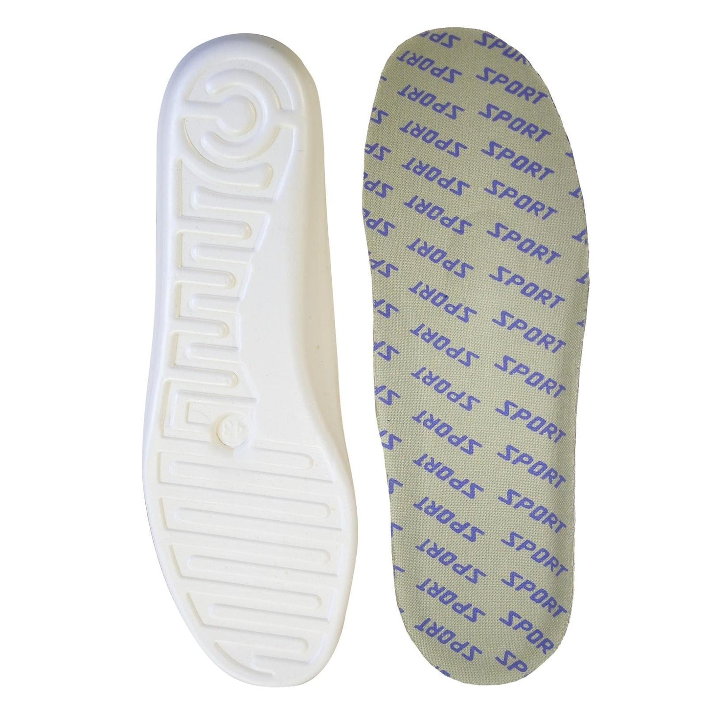 The Shoestring Sport Moulded Insoles by Shoestring are displayed: the left insole is white with a textured sole for excellent foot support, while the right insole is beige featuring "SPORT" printed repeatedly in blue, designed for optimal shock absorption. Ideal for individuals seeking sport moulded insoles!