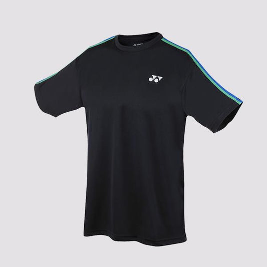 The Yonex YT1004JEX Junior Badminton T-Shirt Black is a lightweight tee with a sleek black design and a striking blue stripe, perfect for young badminton or tennis enthusiasts.