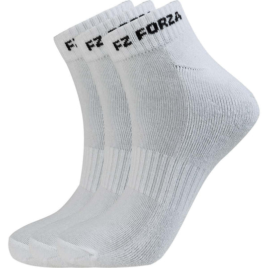 A set from the FZ Forza Comfort Short White Badminton Socks - 3 Pack, with "FORZA" prominently displayed in black on the cuffs, presented against a white backdrop. These socks by FZ Forza are designed with a ribbed texture to ensure enhanced comfort and a snug fit.