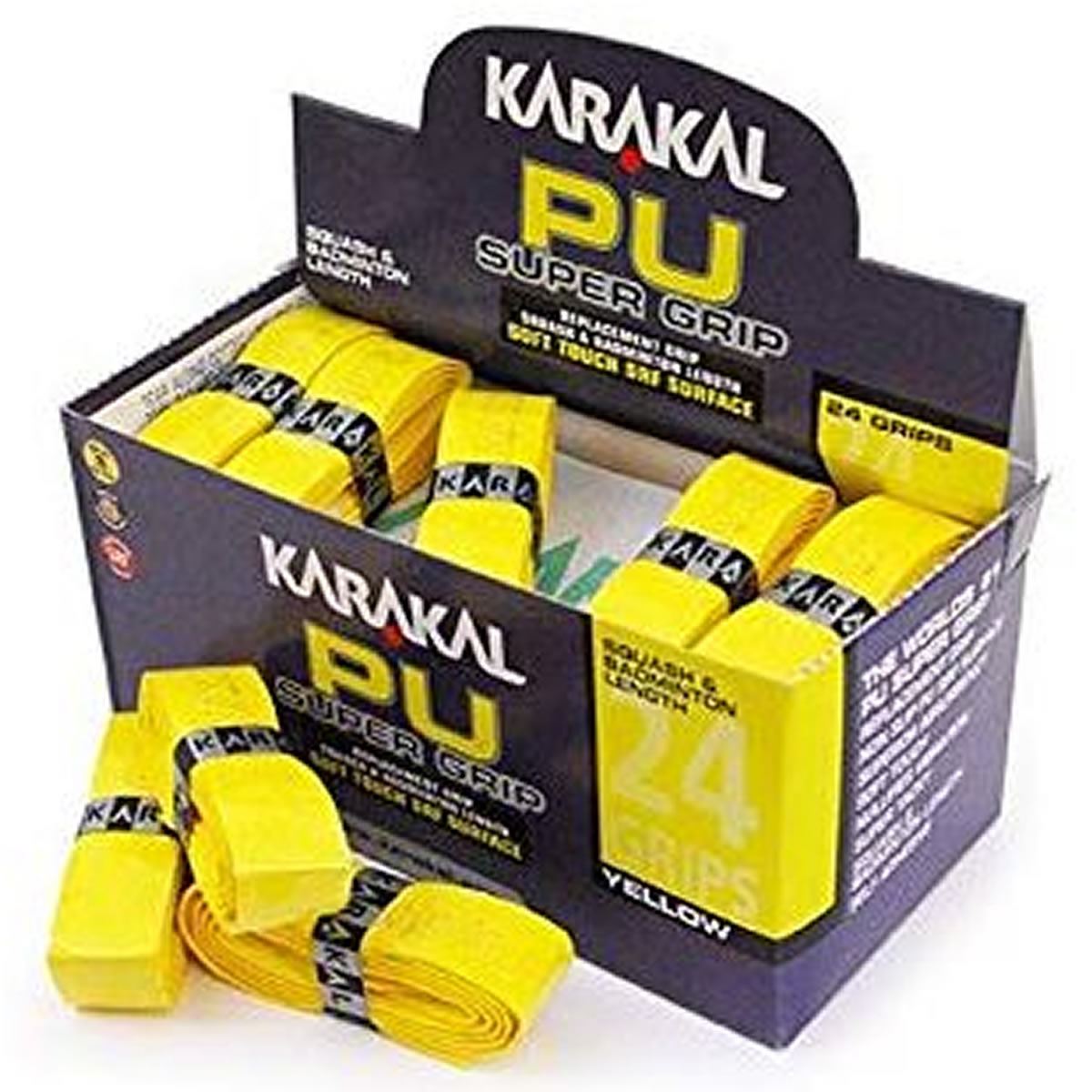 Box of Karakal PU Badminton Super Grip by Karakal, containing 24 yellow grips. The packaging is open, showcasing individually wrapped replacements and emphasizing durability, a soft touch surface, and exceptional value for money.