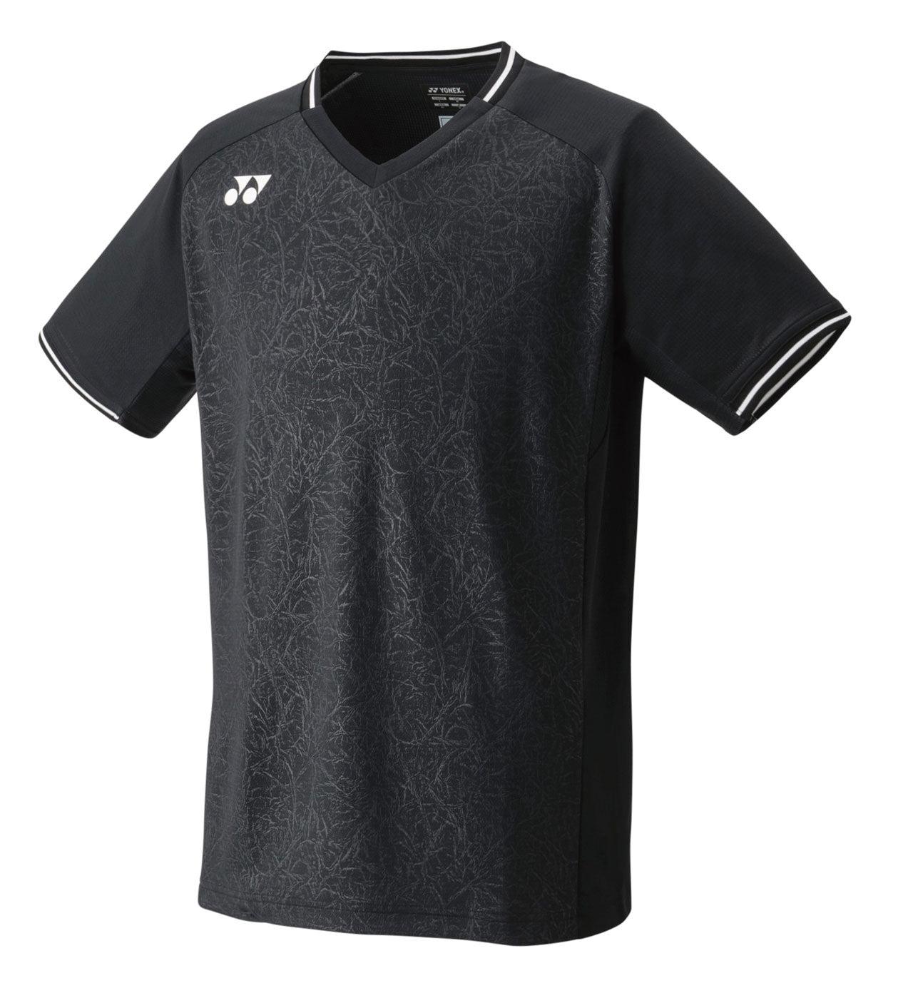 The Yonex 10518 Men's T-Shirt - Black is an athletic short-sleeve shirt featuring a subtle pattern and a small logo on the upper left side. Designed for top-level performance, it boasts a V-neck and white accents at the sleeve edges, embodying the sleek style of VERYCOOL clothing from Yonex.