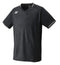 The Yonex 10518 Men's T-Shirt - Black is an athletic short-sleeve shirt featuring a subtle pattern and a small logo on the upper left side. Designed for top-level performance, it boasts a V-neck and white accents at the sleeve edges, embodying the sleek style of VERYCOOL clothing from Yonex.