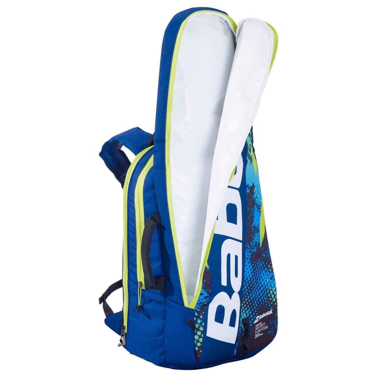 A navy blue and green Babolat Tournament 365 Badminton Racket Bag with the main compartment open, showcasing a white interior. This versatile bag by Babolat includes two zippered sections and padded shoulder straps, making it ideal for carrying tennis gear as well as badminton rackets.