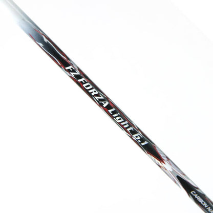 A close-up of the FZ Forza Light 6.1 Badminton Racket shaft reveals "FZ Forza Light 6.1" and "CARBON NANOTUBE" printed on it, skillfully crafted from durable UHM Graphite. The design features an elegant color palette of black, white, and red.