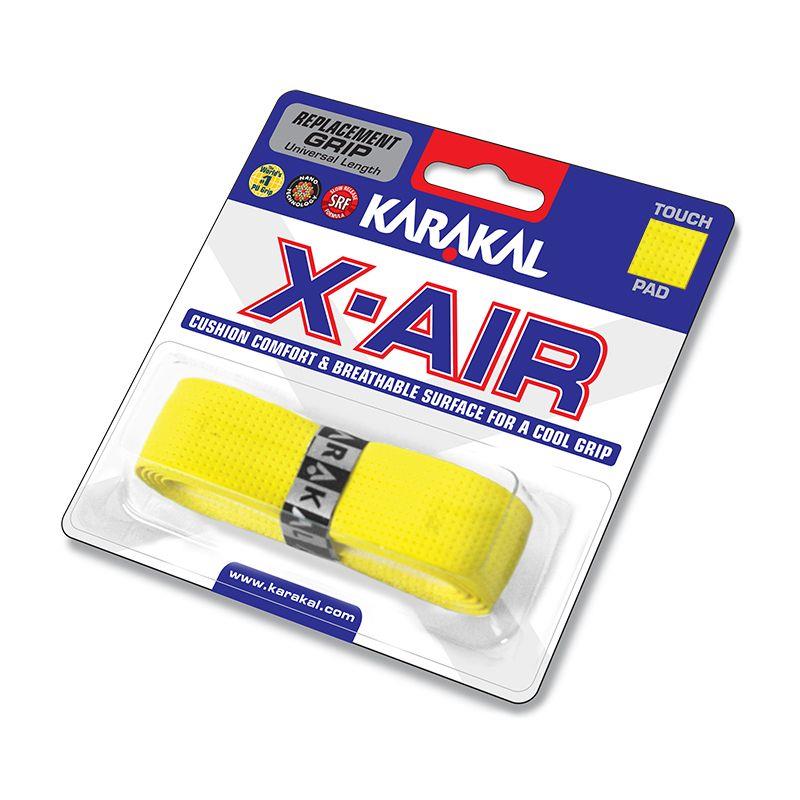 The packaging for the Karakal X-AIR Replacement Badminton Grip - Yellow highlights a vibrant grip design featuring micro breathing holes to provide breathable cushion comfort. It underscores the "TOUCH" and "PAD" attributes, offering a cool and cushioned grip experience for sports rackets.