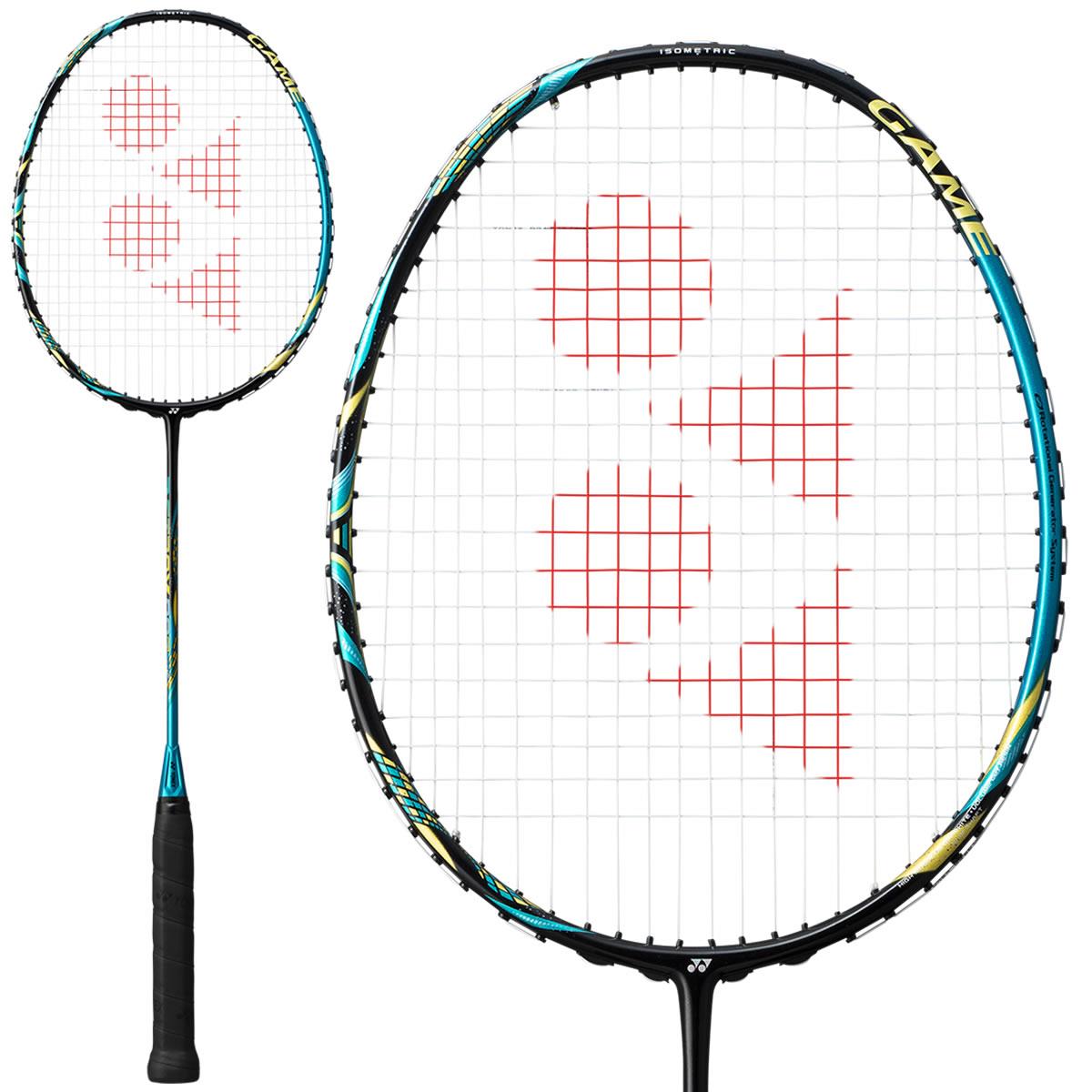 The Yonex Astrox 88S Game Badminton Racket is predominantly blue, showcasing turquoise accents and red string patterns. It is depicted from two perspectives: a full-length view and a close-up of the racket head. The Yonex logo adorns the strings, delivering enhanced control and power through its advanced VOLUME CUT RESIN technology.