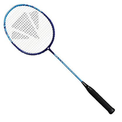 The Carlton Aeroblade 5000 Badminton Racket - Blue by Carlton showcases a vibrant blue frame, white strings, and a black grip, all crafted using advanced Titanium Composite technology. The racket is beautifully presented against a pristine white background.