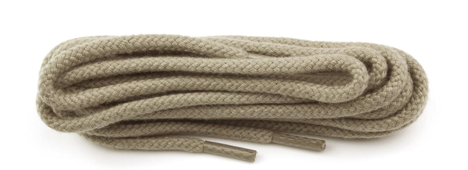 The Shoestring Cord 5mm Badminton Shoe Laces in Taupe, measuring 140cm, are coiled neatly against a white background. These braided laces have capped ends, making them an ideal enhancement for your badminton shoes.