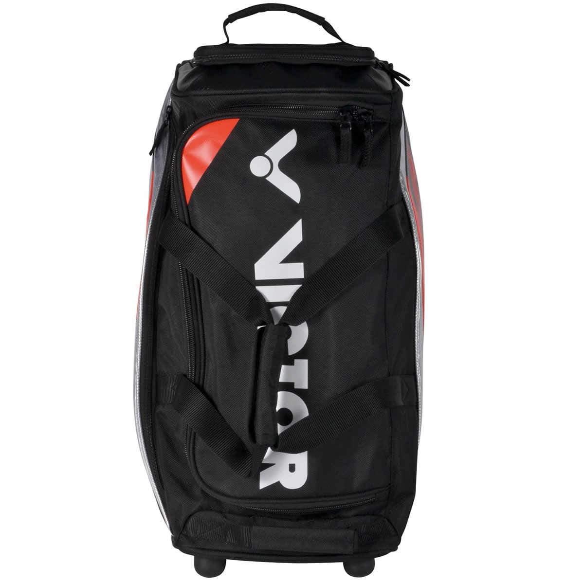 Introducing the Victor Multi Sportbag BG9712, a large travel badminton bag by Victor. This versatile sports bag comes in black and features the brand logo and name in white. It is equipped with sturdy wheels for easy transport, multiple straps, and a zippered compartment. Red accents on the sides add a vibrant touch, making it ideal travel luggage for any adventure.