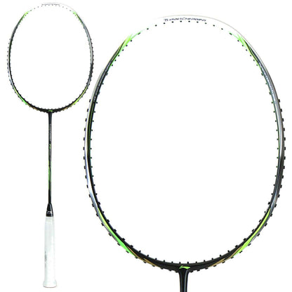 The Li-Ning Turbo Charging 75 Instinct 5U Badminton Racket is designed for quick-paced doubles play, showcasing a sleek black frame with white strings. The handle comes in white, complemented by green accents on the frame. Ideal for intermediate to advanced players, the image features both a detailed view of the racket head and a full shot of the entire racket.