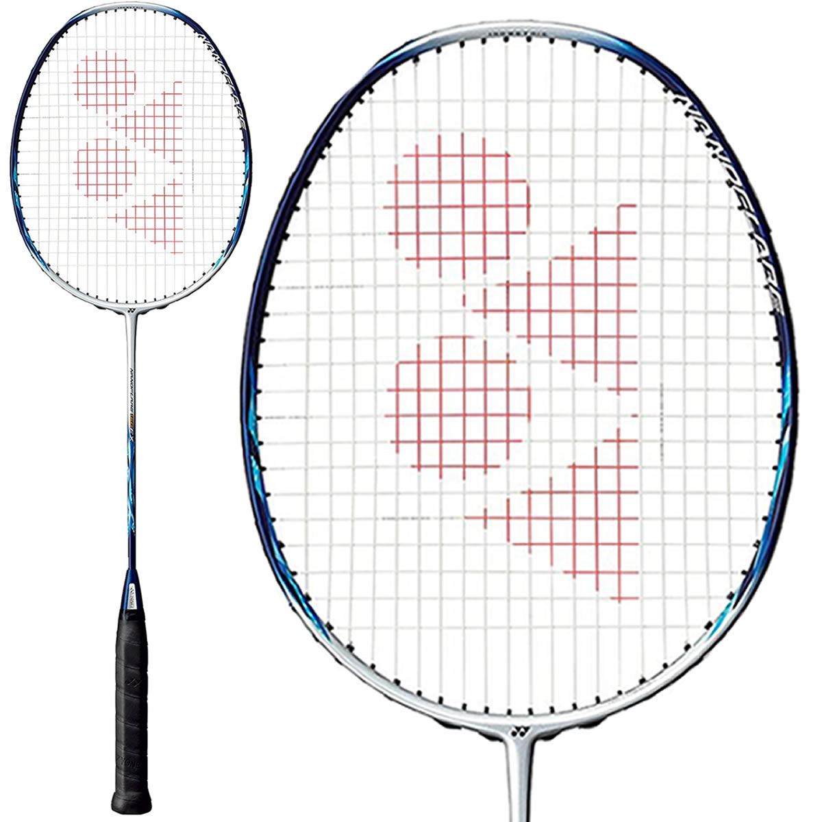 The Yonex Nanoflare 160 badminton racket, from brand Yonex, features a head light balance and comes in a silver and blue design, highlighted by a white stringed frame and an eye-catching red geometric pattern at the center.