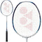 The Yonex Nanoflare 160 badminton racket, from brand Yonex, features a head light balance and comes in a silver and blue design, highlighted by a white stringed frame and an eye-catching red geometric pattern at the center.