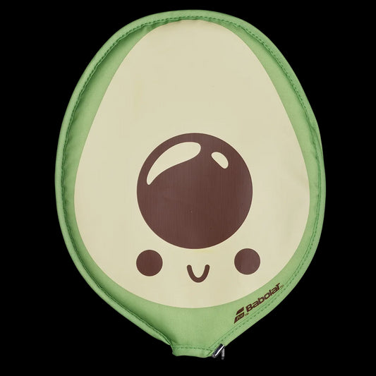 The Babolat Badminton Racket Head Cover - Avocado from Babolat features a charming, cartoon-like avocado design on a light green background, providing racket protection. The smiling avocado has glossy seed and small dot eyes. Inside, the cover is lined with synthetic fur for enhanced coziness and durability.