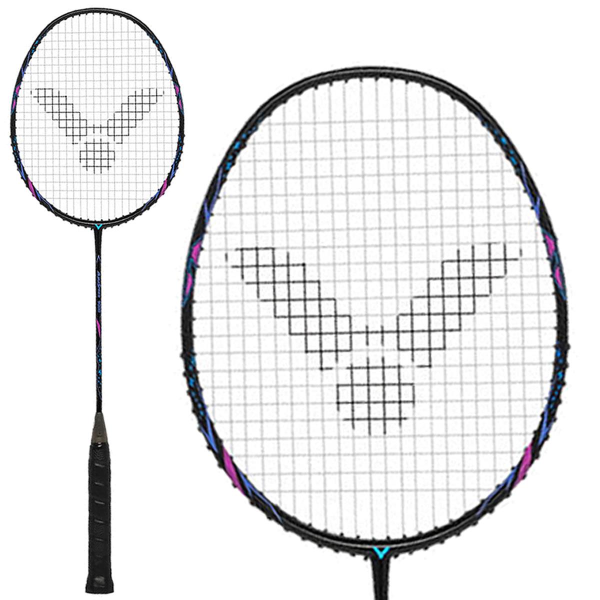 The Victor Auraspeed 9000 C badminton racket, brought to you by Victor, features a sleek black frame complete with white strings and an eye-catching logo design. Tailored for intermediate level club players, it comes with a black handle that offers a textured grip and is subtly accented in blue and purple. Plus, it is equipped with free core technology for enhanced performance.