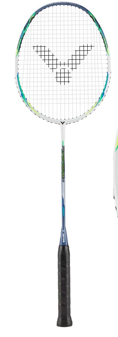 Introducing the Victor Auraspeed Lightfighter 80A badminton racket in white and green: expertly designed with a head heavy balance, featuring a black grip and strings that proudly display the iconic logo. This high-performance frame artfully combines elegance and functionality with its predominantly white finish accented by striking blue and green details.