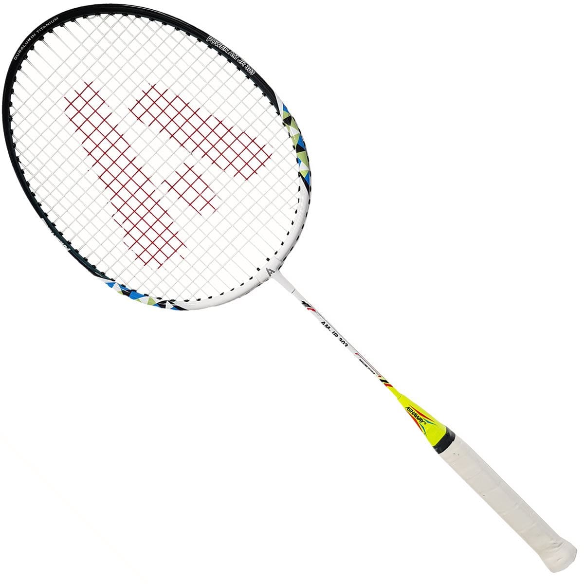 The Ashaway AM 303 Junior Badminton Racket - Yellow is ideal for young beginners, offering a stylish yellow frame with colorful accents, a comfortable grip, and strings highlighted by a red logo design at the center.