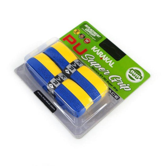 The Karakal PU Duo Badminton Grip - Twin Pack offers an ideal choice for racket sports enthusiasts, featuring two rolled grips in a vibrant combination of blue and yellow. The packaging prominently showcases key features such as "non-slip," "super absorbent," and "durability," all set against a green background that enhances the striking Karakal branding.